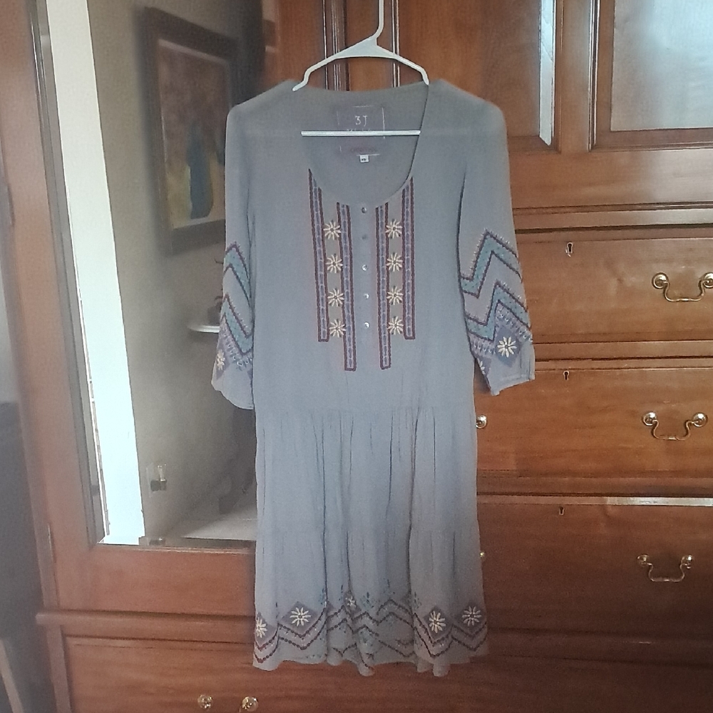 Johnny Was Gray Midi Dress with Colorful Embroidery
